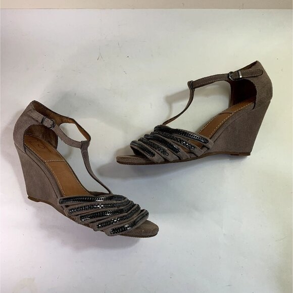 Anthropologie Bacio 61 Taupe Suede Wedge Sandals Chain Strappy - Picture 5 of 10